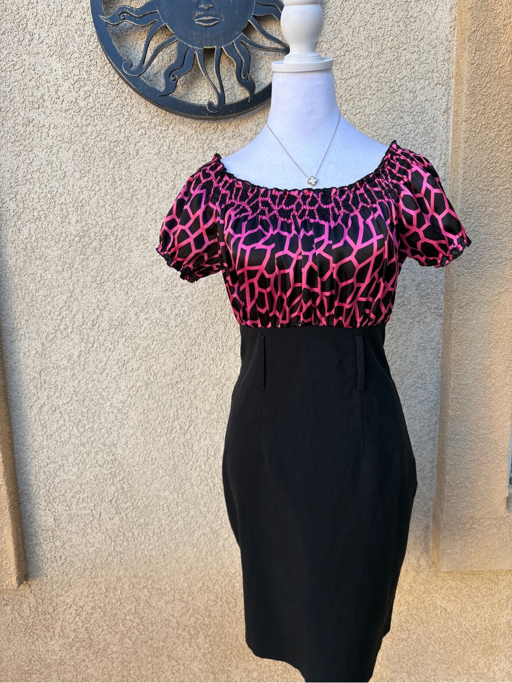 City Triangles Pink Black Short Sleeve Animal Print Pencil Dress Y2K Office